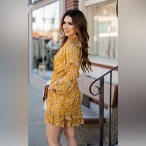 Chic Yellow Long Sleeve Dress with Brown Accents